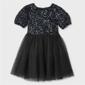 Cat & Jack Girls' Puff Sleeve Sequin Tulle Dress